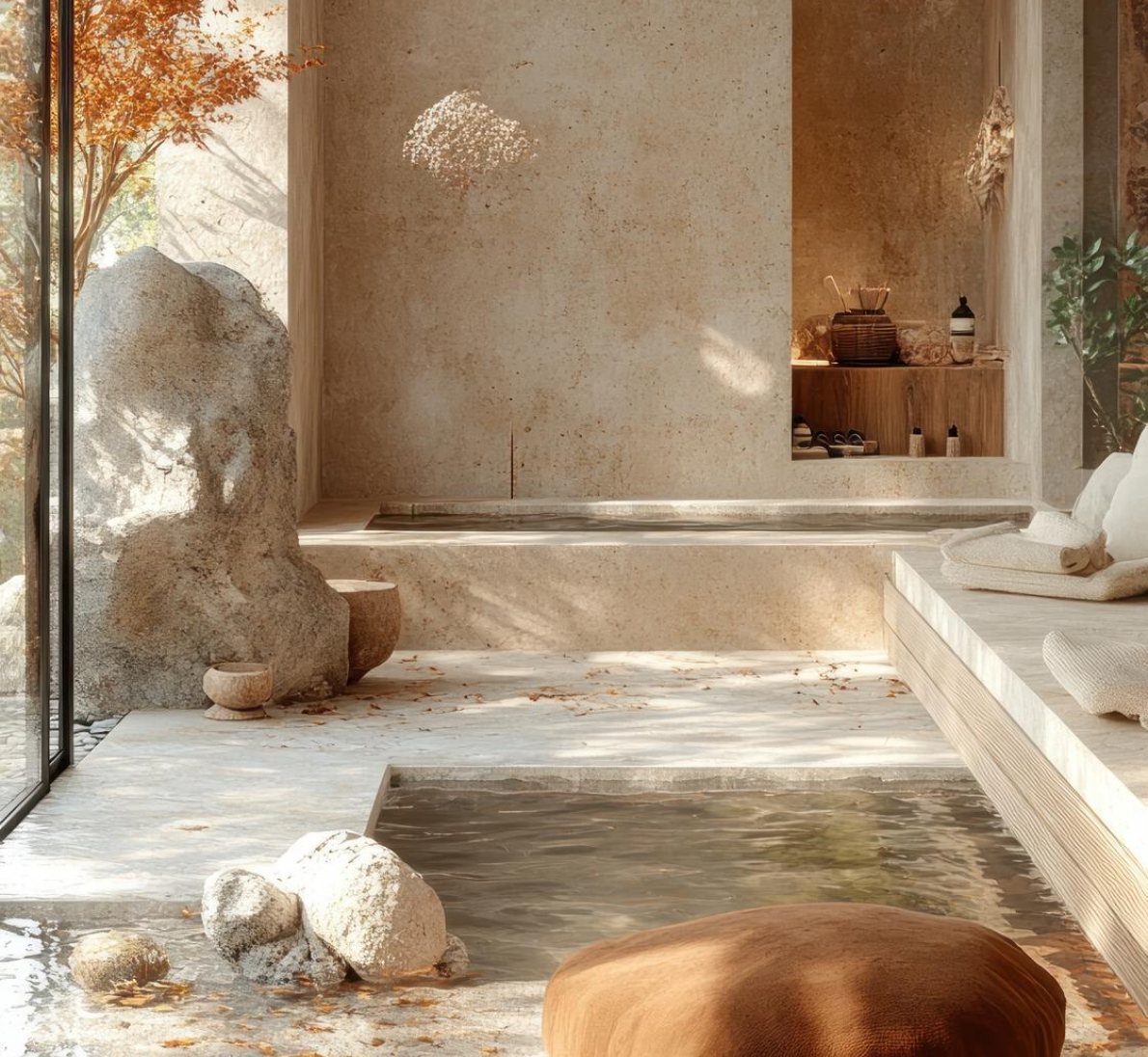 Bassin intérieur en pierre, enduit minéral et lumière naturelle