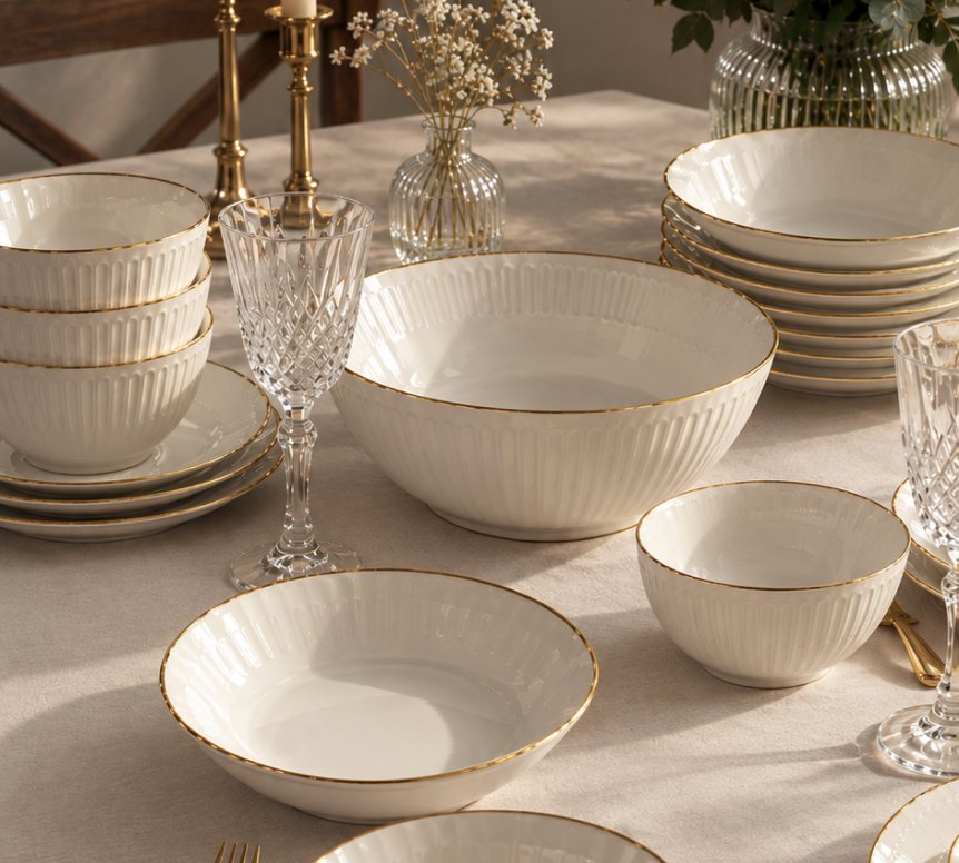 Table dressée, vaisselle en porcelaine filetée d'or et verres en cristal