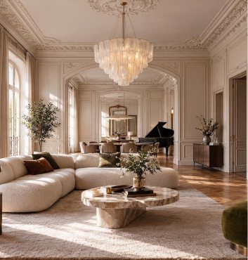 Chambre haussmannienne, moulures, lustre en cristal et grand miroir doré